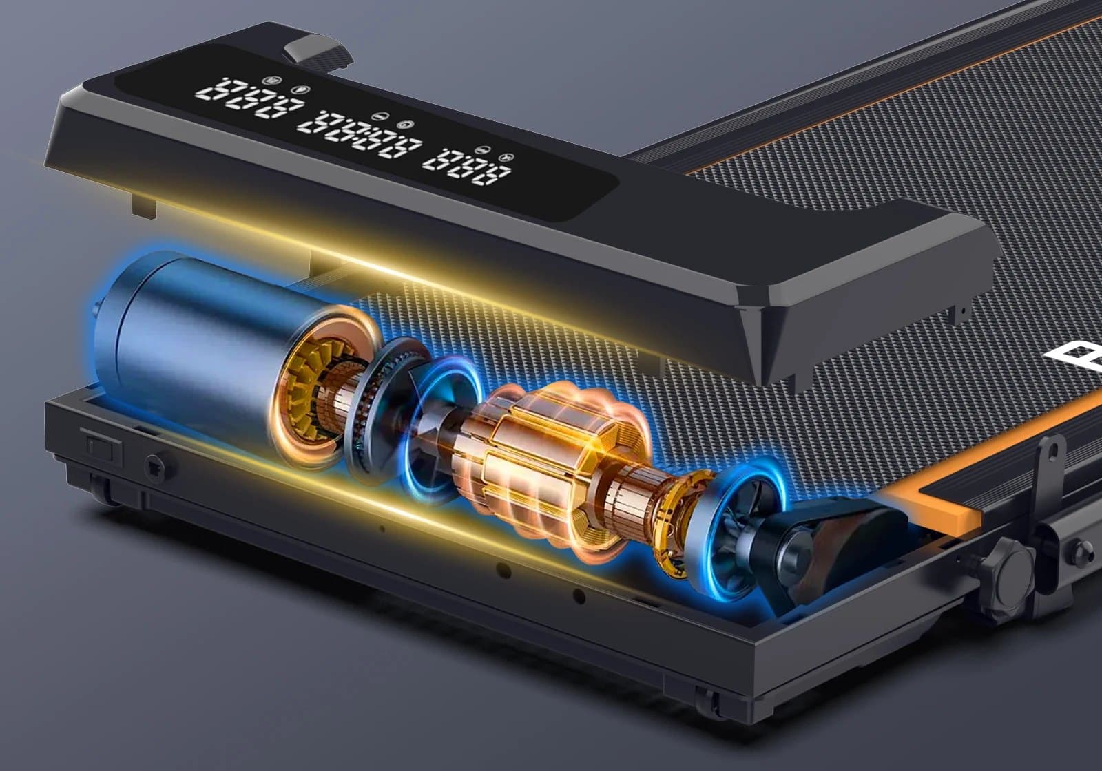 Vue éclatée du moteur 2,5 CV sous la bande de marche et de l'écran LED